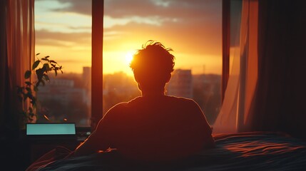 A man sits in bed watching the sunset from a window. The bright orange light illuminates the room.