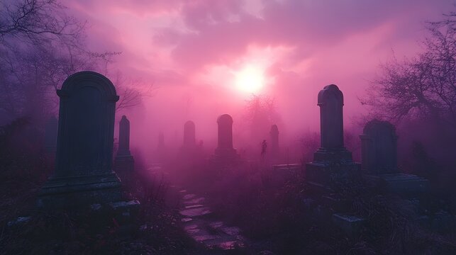 Cemetery landscape under a purple sky with eerie tombstones and mist swirling, creating a haunting Halloween background.