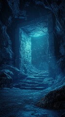 Mysterious cave entrance illuminated by ethereal blue light, revealing ancient stone steps leading into the unknown depths.