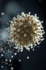 Close-up of a virus particle with a spiky surface, floating in a dark background.