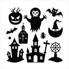 Obraz premium set of black silhouettes and icons of monsters creatures and elements for halloween