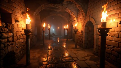 Stone Corridor Lit by Torches and Fog