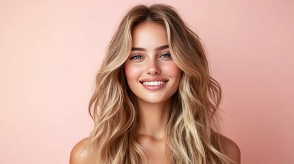 Fototapeta premium Blonde woman with a bright smile against a soft pink background.