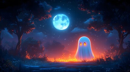 Halloween party invitation with a cartoon ghost, glowing full moon, and eerie dark background in 3D vector style.