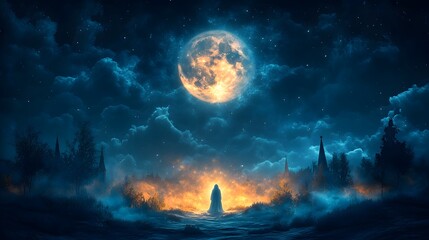 Fototapeta premium Halloween night with a bright full moon and a spooky ghost, 3D vector art perfect for creating party invitations.