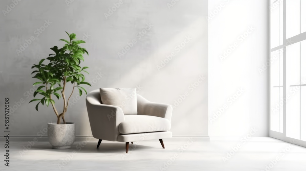 Wall mural a white chair sits in front of a large potted plant