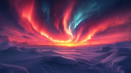 Fototapeta premium Vibrant auroras illuminate a serene winter landscape at sunset.