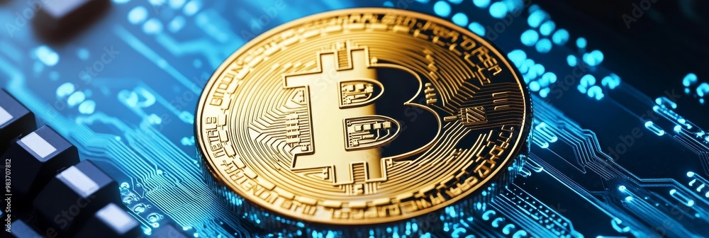 Poster a bitcoin coin sits on a circuit board, symbolizing the security of digital assets. this image repre