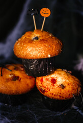 Sponge cakes with pumpkin decoration. Delicious Halloween desserts