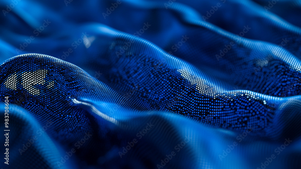 Poster textured blue fabric waves creating a mesmerizing pattern in soft, flowing undulations