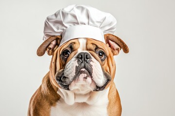 A bulldog wearing a chef's hat, looking playfully at the camera. This image is perfect for adding a touch of humor to any project related to food, cooking, pets, or dogs.