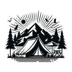 Vintage Camping Tent Silhouette for T-Shirt Graphics
