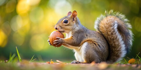 Playful squirrel holding a large acorn in its paws, squirrel, acorn, cute, fluffy, animal, rodent, autumn, forest, wildlife, outdoor