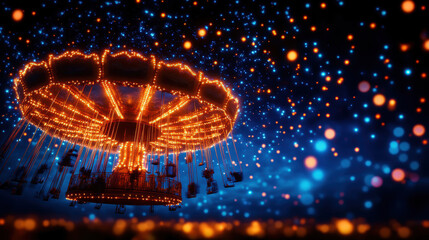 A carousel with lights on it is in the middle of a starry sky. The lights on the carousel are orange and blue, creating a warm and inviting atmosphere