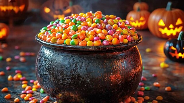 This cauldron is filled with vibrant jelly beans amidst glowing Halloween decorations.