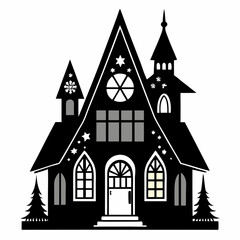 Stained Glass Christmas House round sing Clipart Black vector