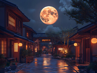 22夜空に浮かぶ満月にてらされた家屋など日本の和風イメージ　generative ai