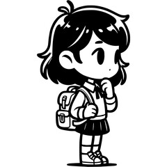 Obraz premium Schoolgirl thought looking forward in monochrome. Simple minimalistic vector in black ink drawing on transparent background