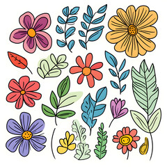 2D illustrator doodle-style floral and leaf graphics on a white background or wallpaper