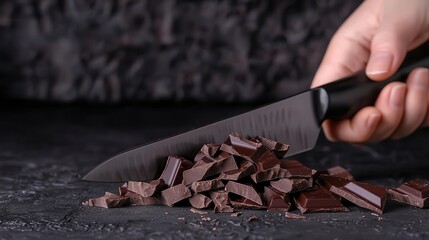 Chopping chocolate with a heavy-duty knife, small and even pieces, pastry kitchen setting, detailed and careful technique