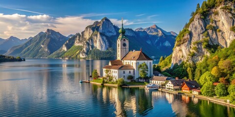 Fototapeta premium Cathedral overlooking Lake Traunsee in Traunkirchen, Austria, cathedral, Traunkirchen, Salzkammergut, Austria, lake