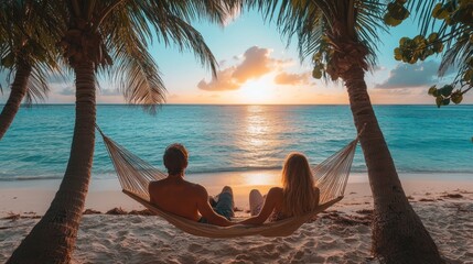 A couple relaxing in a hammock at sunset by the beach.