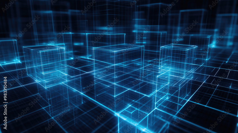 Poster futuristic digital 3d landscape with glowing neon cubes and waves.technological blue banner with abs