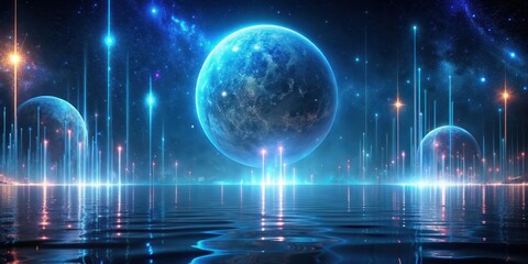 Fototapeta premium Night sky reflection on water with mystical sci-fi flying particles and neon lighting on a water planet