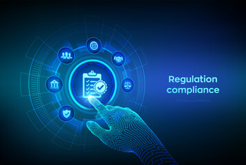 Regulation Compliance financial control internet technology concept on virtual screen. Reg Tech. Compliance rules. Law regulation policy. Wireframe hand touching digital interface. Vector illustration