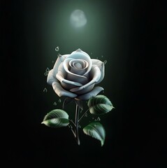 A single white rose with green leaves in the foreground, illuminated by a moon above, with water droplets falling around it.