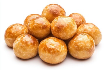 A close-up of freshly baked Brezenknodel, traditional German pretzel dumplings, with a golden-brown crust and a sweet glaze. The dumplings are arranged in a pile on a white background, showcasing thei