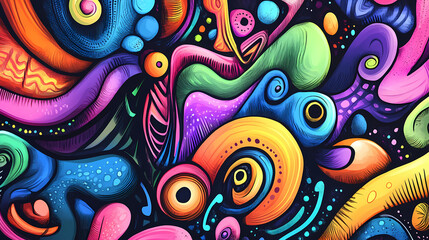 Design art background with a playful, colorful doodle style, whimsical shapes and bright hues creating a fun, lively vibe. Doodle Art. Illustration