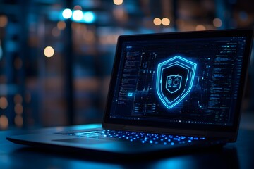 A laptop with an icon of a digital security. strong online data protection 