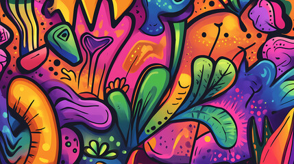 Design art background with a playful, colorful doodle style, whimsical shapes and bright hues creating a fun, lively vibe. Doodle Art. Illustration