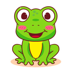 Cute frog cartoon character smiling widely. Adorable animal concept design. Isolated white background. Vector art illustration.