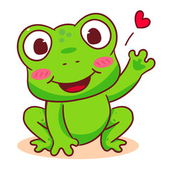 Cute frog cartoon character waving hand. Adorable animal concept design. Isolated white background. Vector art illustration.