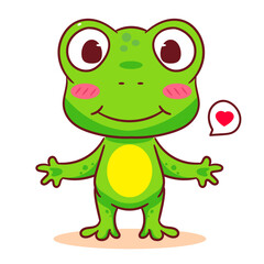 Cute frog cartoon character standing happily. Adorable animal concept design. Isolated white background. Vector art illustration.