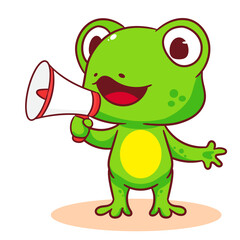 Cute frog cartoon character speaking through megaphone. Adorable animal concept design. Isolated white background. Vector art illustration.