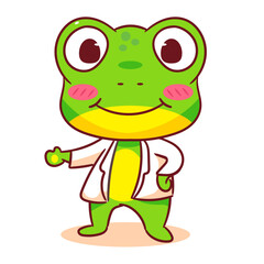 Cute frog cartoon character as doctor. Adorable animal concept design. Isolated white background. Vector art illustration.