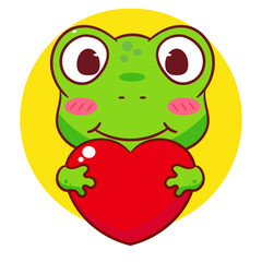 Cute frog cartoon character holding love sign. Adorable animal concept design. Isolated white background. Vector art illustration.