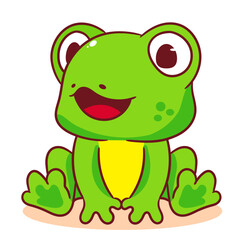 Cute frog cartoon character sitting happily. Adorable animal concept design. Isolated white background. Vector art illustration.