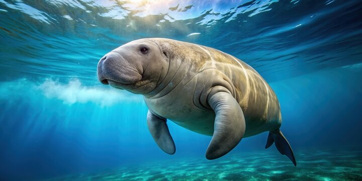 Dugong swimming gracefully in the blue sea , underwater, sea cow, marine animal, dugong dugon, ocean, wildlife