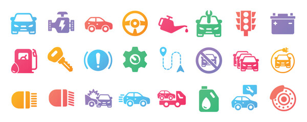 Car glyph solid icons collection. Containing vehicle, wheel, driver, engine. Minimal color icon and symbol series vector illustration