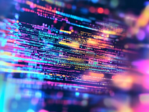 Abstract representation of software development with blurred computer code and screens, highlighting Python programming, AI-inspired visuals, and creativity in technology and data science.