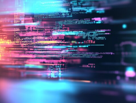 Abstract representation of software development with blurred computer code and screens, highlighting Python programming, AI-inspired visuals, and creativity in technology and data science.