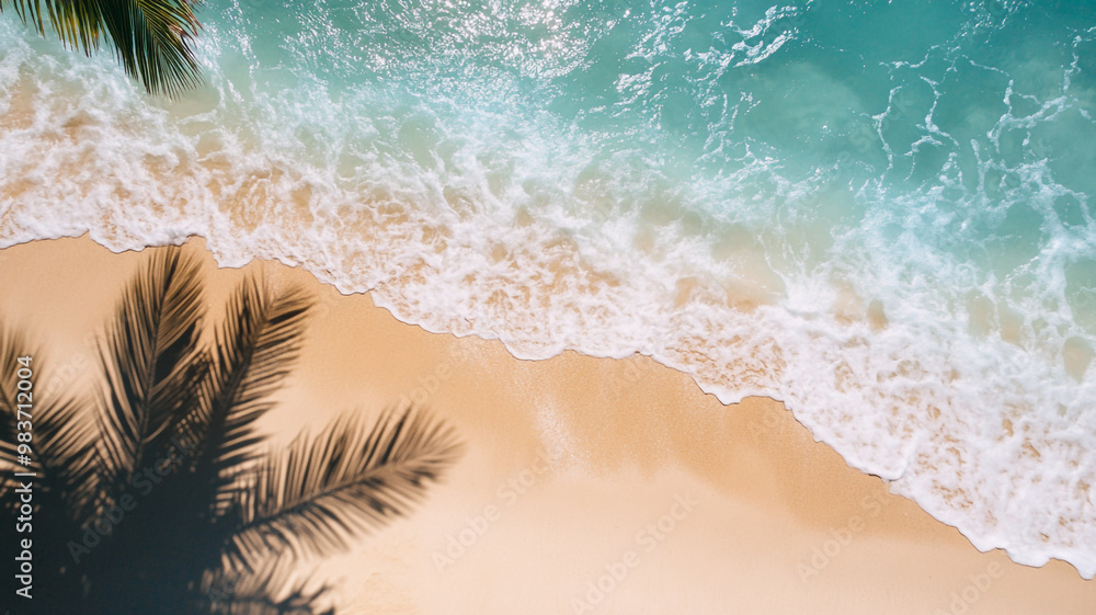 Poster relaxing beach view with gentle waves and palm tree shadows at midday