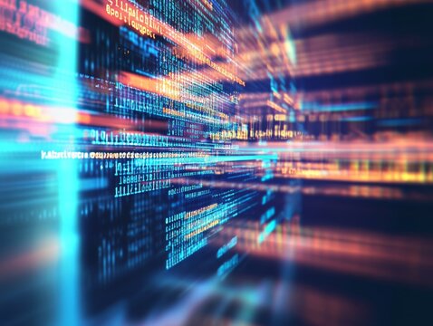Abstract representation of software development with blurred computer code and screens, highlighting Python programming, AI-inspired visuals, and creativity in technology and data science.