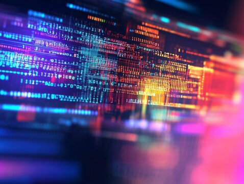 Abstract representation of software development with blurred computer code and screens, highlighting Python programming, AI-inspired visuals, and creativity in technology and data science.