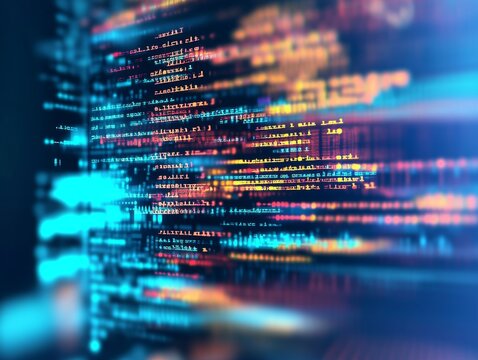 Abstract representation of software development with blurred computer code and screens, highlighting Python programming, AI-inspired visuals, and creativity in technology and data science.