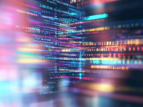 Abstract representation of software development with blurred computer code and screens, highlighting Python programming, AI-inspired visuals, and creativity in technology and data science.